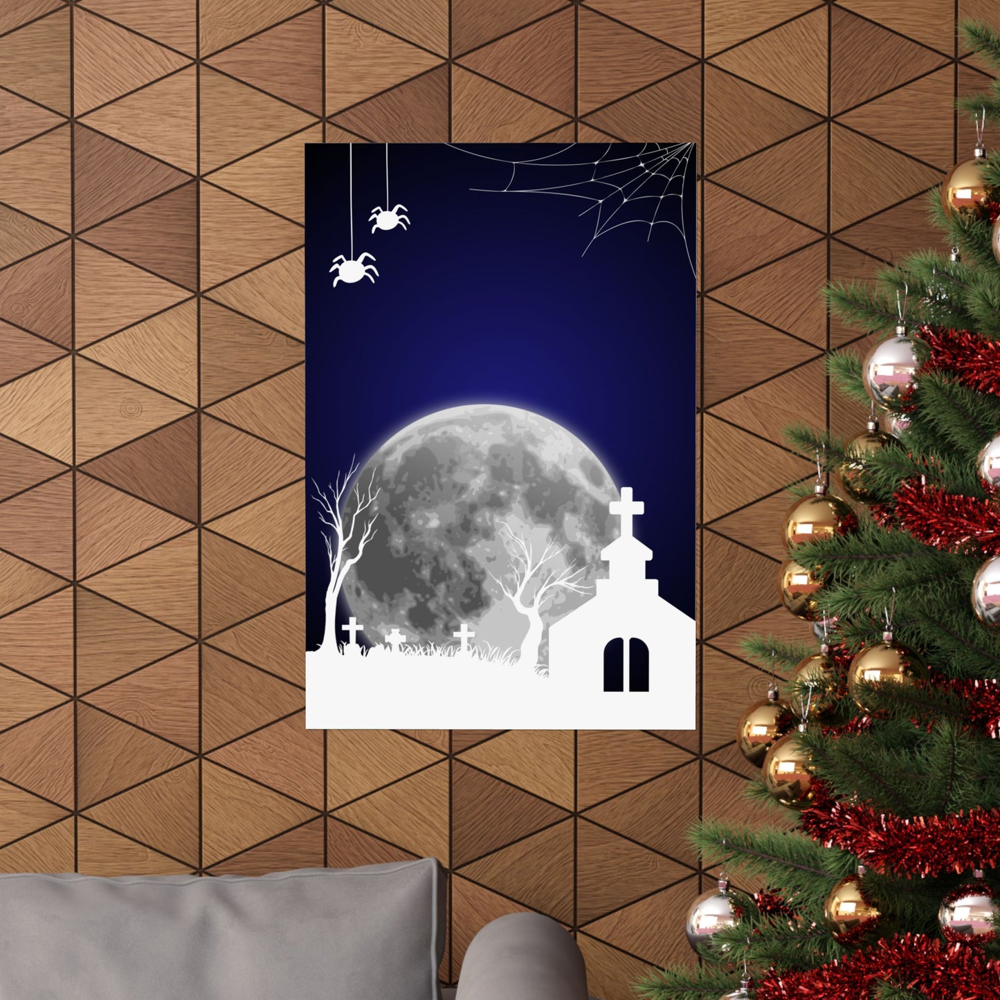 Spooky Moonlit Graveyard Poster, Halloween Wall Art, Haunted Decor, Matte Print, Gothic Home Decoration, Creepy Spider Art