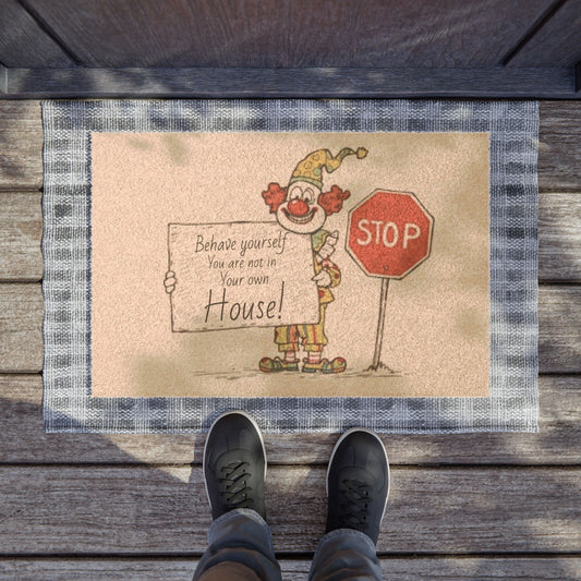 Playful Clown Doormat - 'Behave Yourself!' Welcome Mat for Kids, Fun Home Decor, Unusual Gift, Birthday, Holiday Decoration
