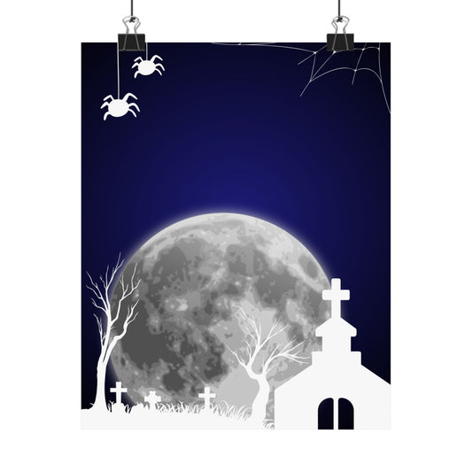 Spooky Moonlit Graveyard Poster, Halloween Wall Art, Haunted Decor, Matte Print, Gothic Home Decoration, Creepy Spider Art